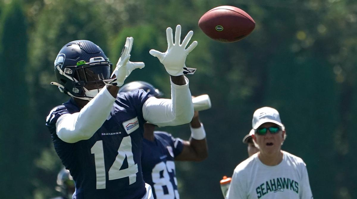 Seattle Seahawks wide receiver DK Metcalf makes a catch during NFL football practice Saturday, July 30, 2022, in Renton, Wash.