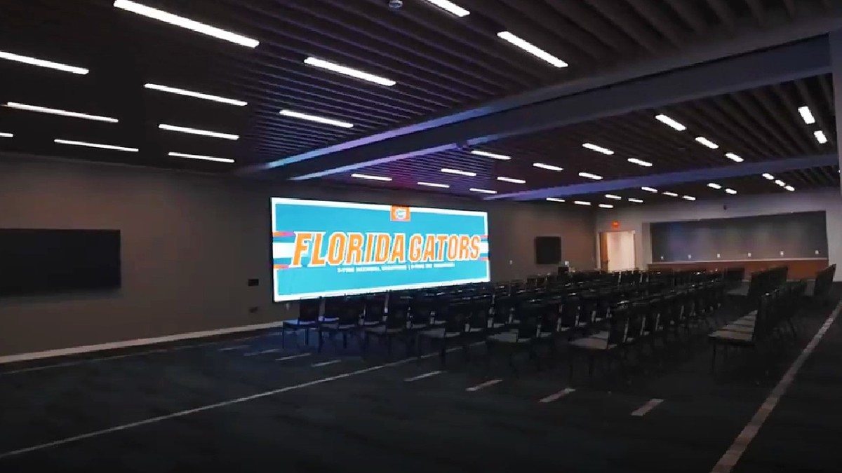 View from the entrance to the Gator Room inside UF's James W. “Bill” Heavener Football Training Center.