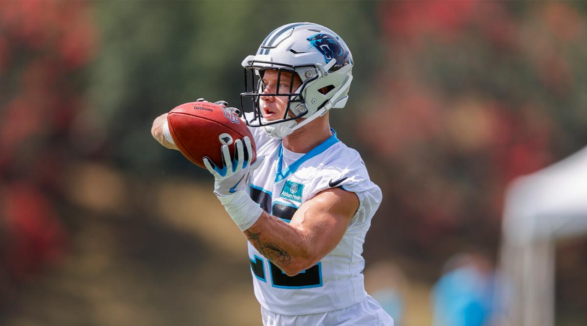 Carolina Panthers running back Christian McCaffrey catches the ball during the NFL football team’s training camp at Wofford College in Spartanburg, S.C., Wednesday, July 27, 2022.