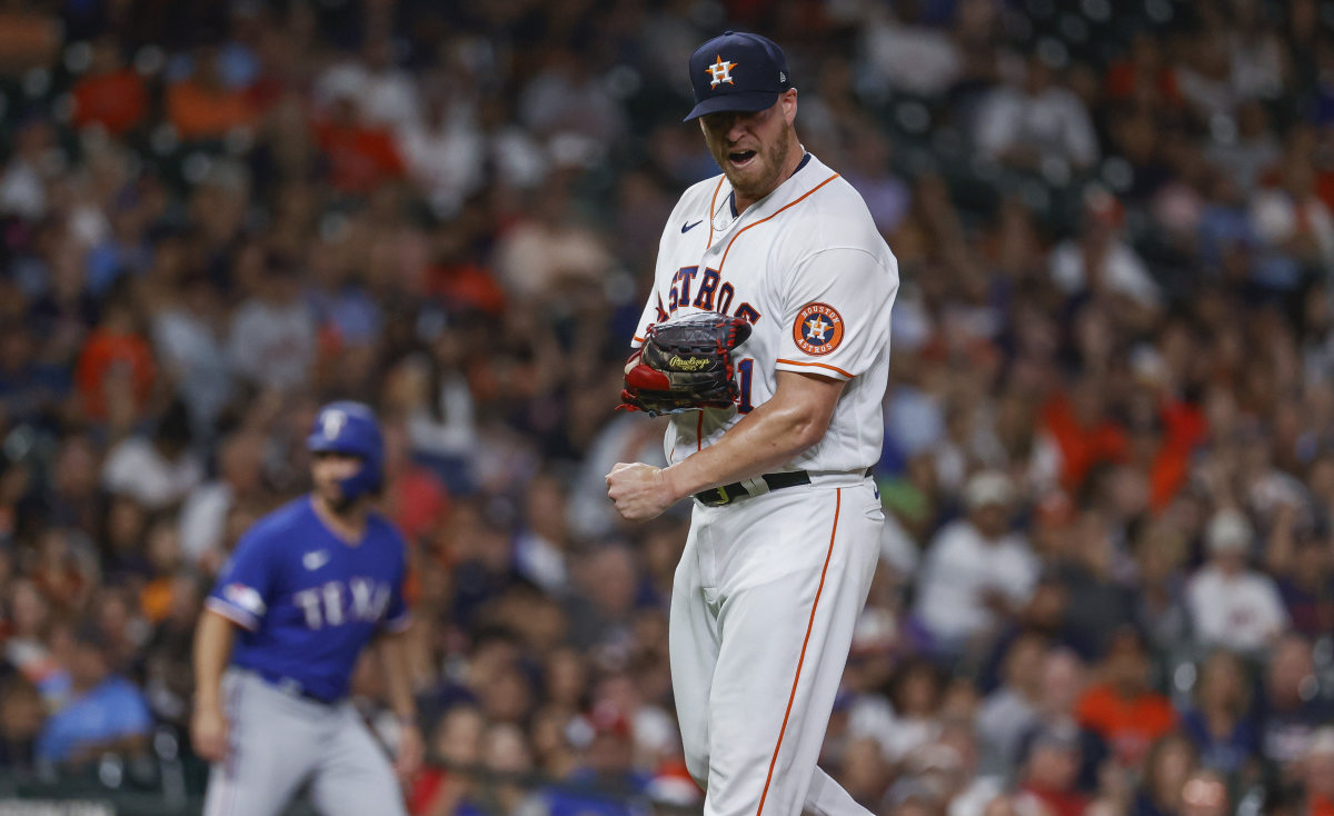 Houston Astros reliever Will Smith celebrates a strikeout against the Texas Rangers.