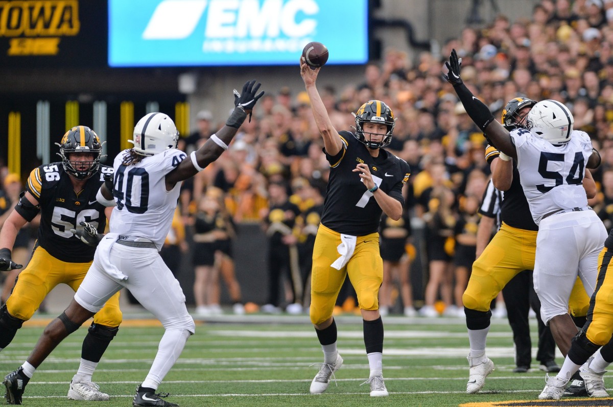 Oct 9, 2021; Iowa City, Iowa, USA; Iowa Hawkeyes quarterback Spencer Petras (7) and offensive lineman Nick DeJong (56) and Penn State Nittany Lions linebacker Jesse Luketa (40) and defensive tackle Derrick Tangelo (54) in action at Kinnick Stadium. Mandatory Credit: Jeffrey Becker-USA TODAY Sports