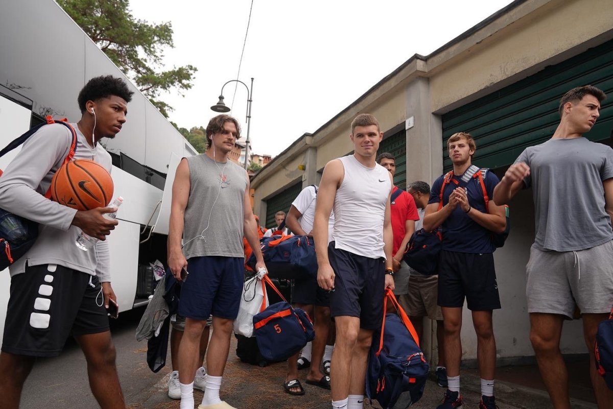 Virginia men's basketball team prepares to play against KK Mega Basket in Rapallo, Italy.