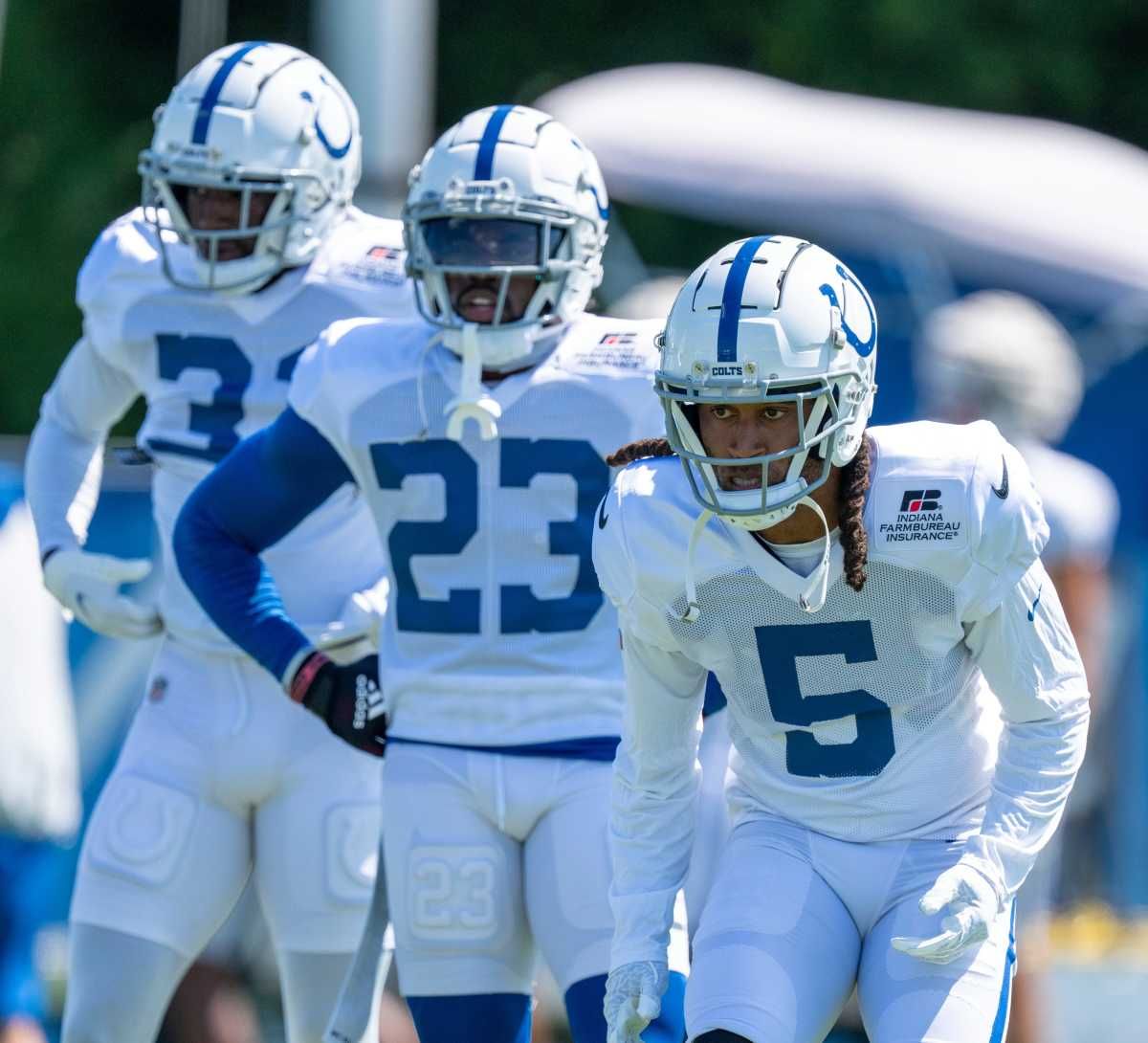 Indianapolis Colts cornerback Stephon Gilmore (5) during training camp Wednesday, Aug. 17, 2022, at Grand Park in Westfield, Ind.