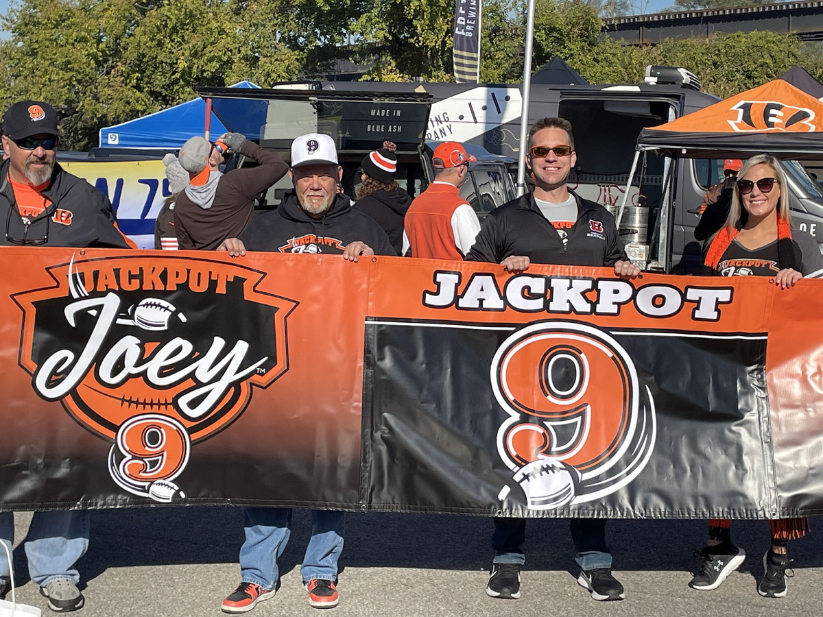 Jackpot Joey banners are proudly displayed at a Bengals tailgate in 2021.