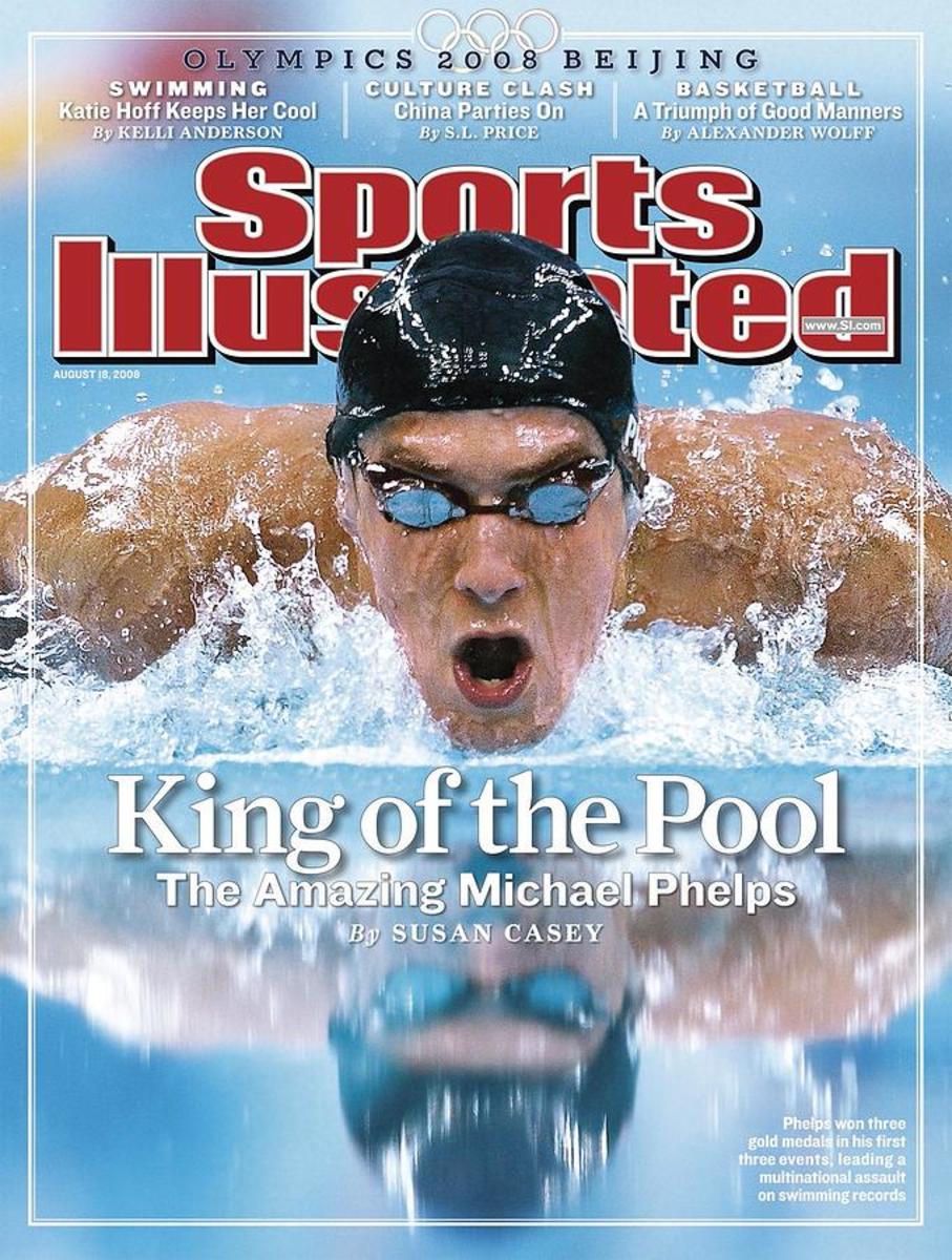 Head-on photo of Michael Phelps on the cover of Sports Illustrated in 2008
