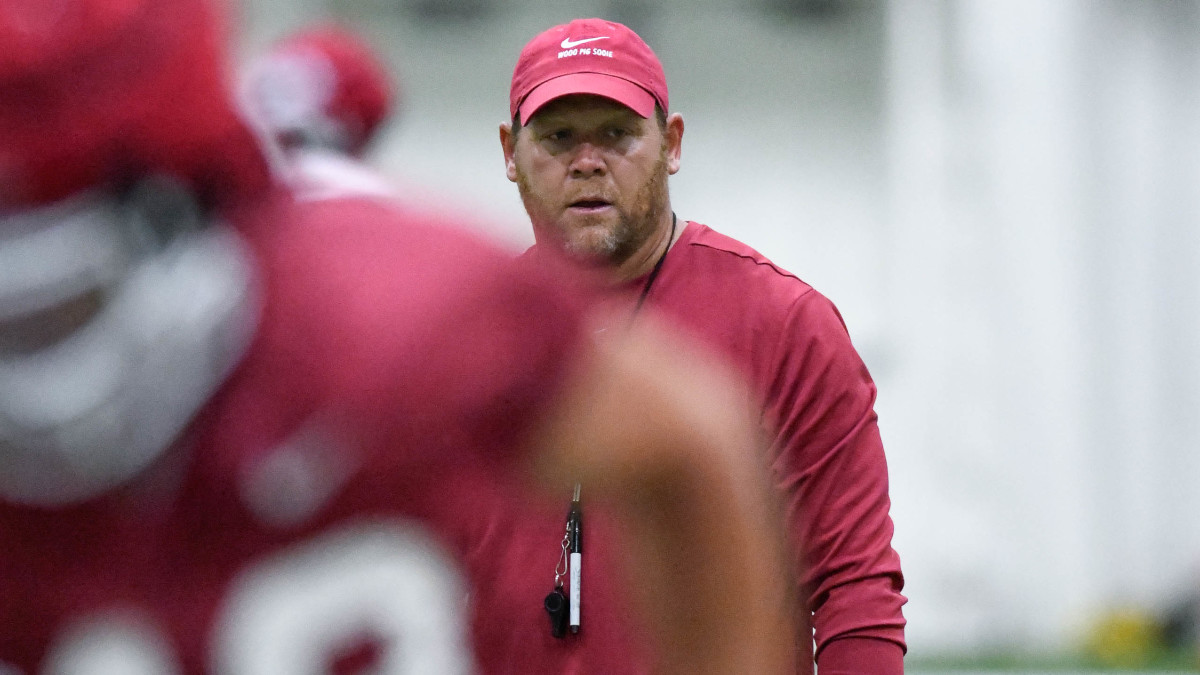Arkansas Razorbacks defensive coordinator Barry Odom during workouts Wednesday, Aug. 17, 2022, on the indoor practice field at the football center in Fayetteville, Arkansas.