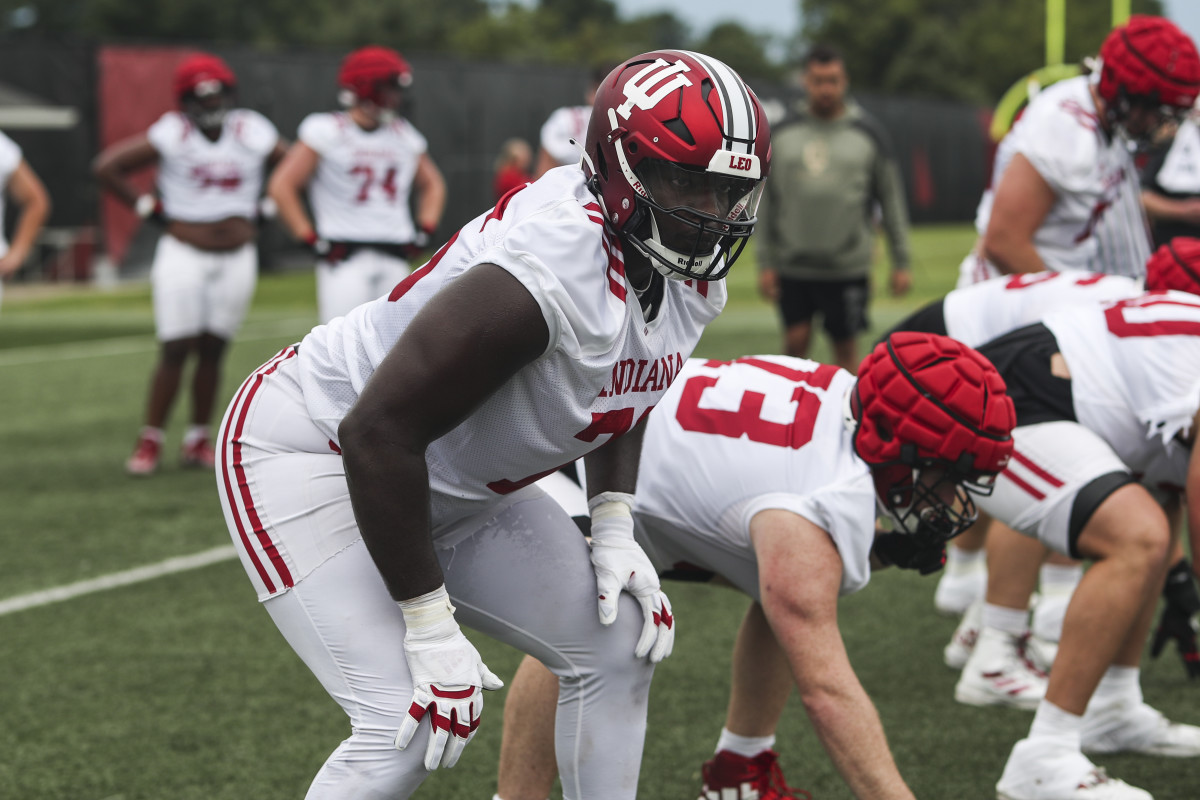 Indiana offensive lineman Matthew Bedford ready for the snap during a practice last season.