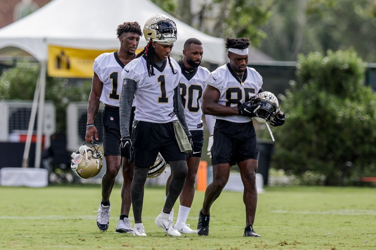 New Orleans Saints receivers Marquez Callaway (1), Jarvis Landry (80), Kirk Merritt (85) and Michael Thomas (13) during training camp at Ochsner Sports Performance Center. Mandatory Credit: Stephen Lew-USA TODAY Sports