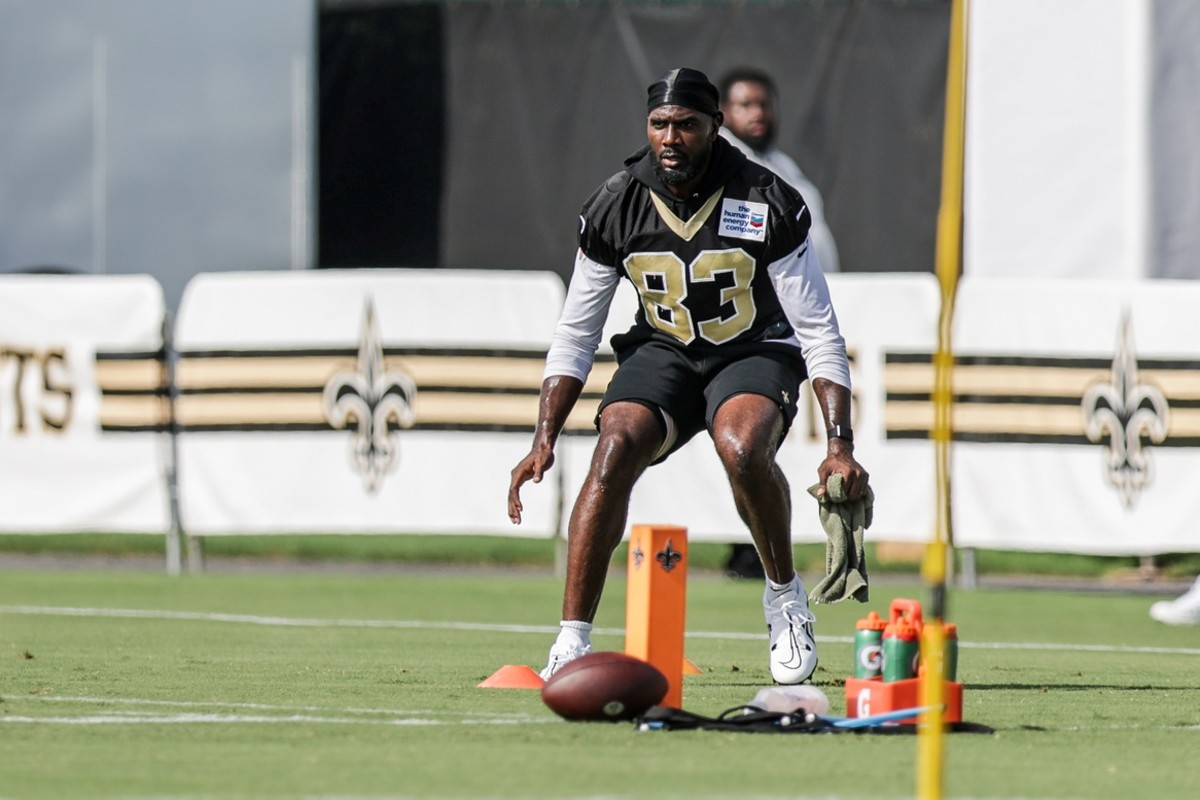 New Orleans Saints tight end Juwan Johnson (83) works during training camp at Ochsner Sports Performance Center. Mandatory Credit: Stephen Lew-USA TODAY Sports