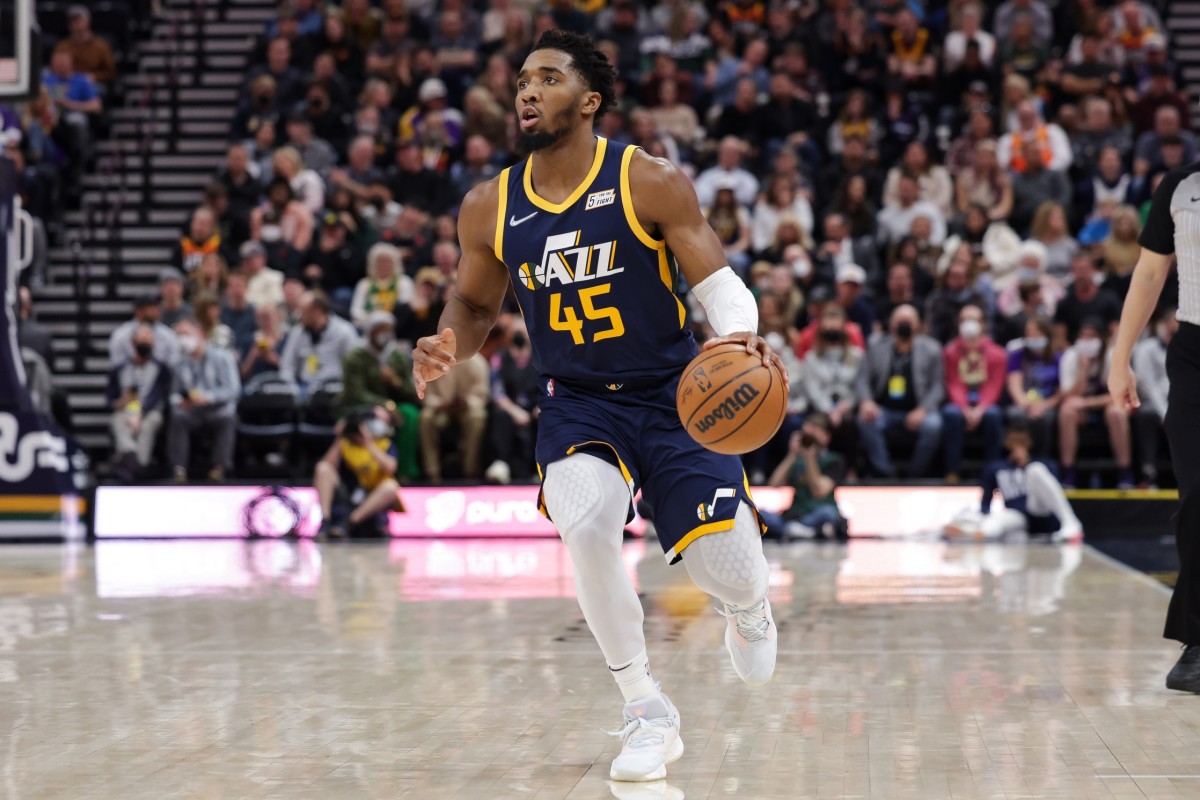 Utah Jazz guard Donovan Mitchell (45) brings the ball up the court during the second quarter against the Orlando Magic at Vivint Arena.
