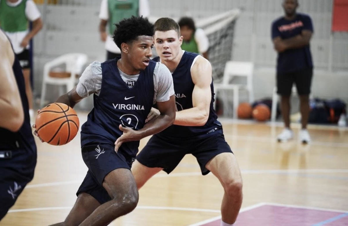 Reece Beekman and Isaac McKneely practicing during the Virginia men's basketball team's exhibition tour in Italy.