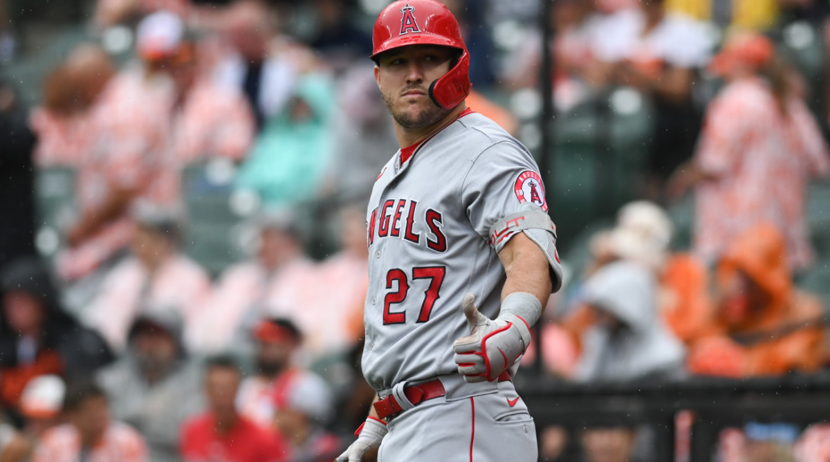 Jul 9, 2022; Baltimore, Maryland, USA; Los Angeles Angels center fielder Mike Trout (27) gives a thumbs up to the bench during the first inning of the game against the Baltimore Orioles at Oriole Park at Camden Yards.