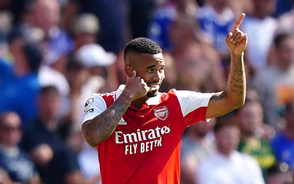 Gabriel Jesus pictured celebrating a goal during Arsenal's 4-2 win over Leicester City in August 2022