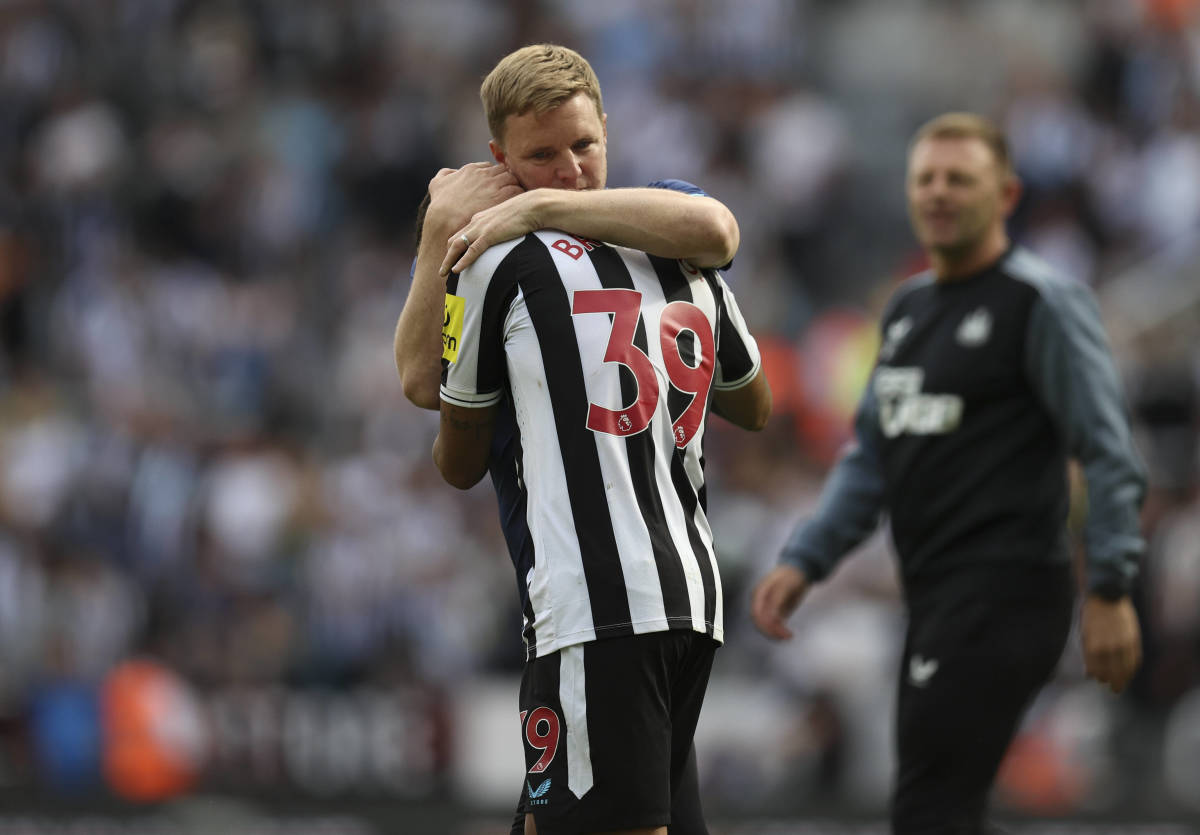 Newcastle United manager Eddie Howe pictured hugging Bruno Guimaraes (no.39) after a 2-0 win over Nottingham Forest in August 2022
