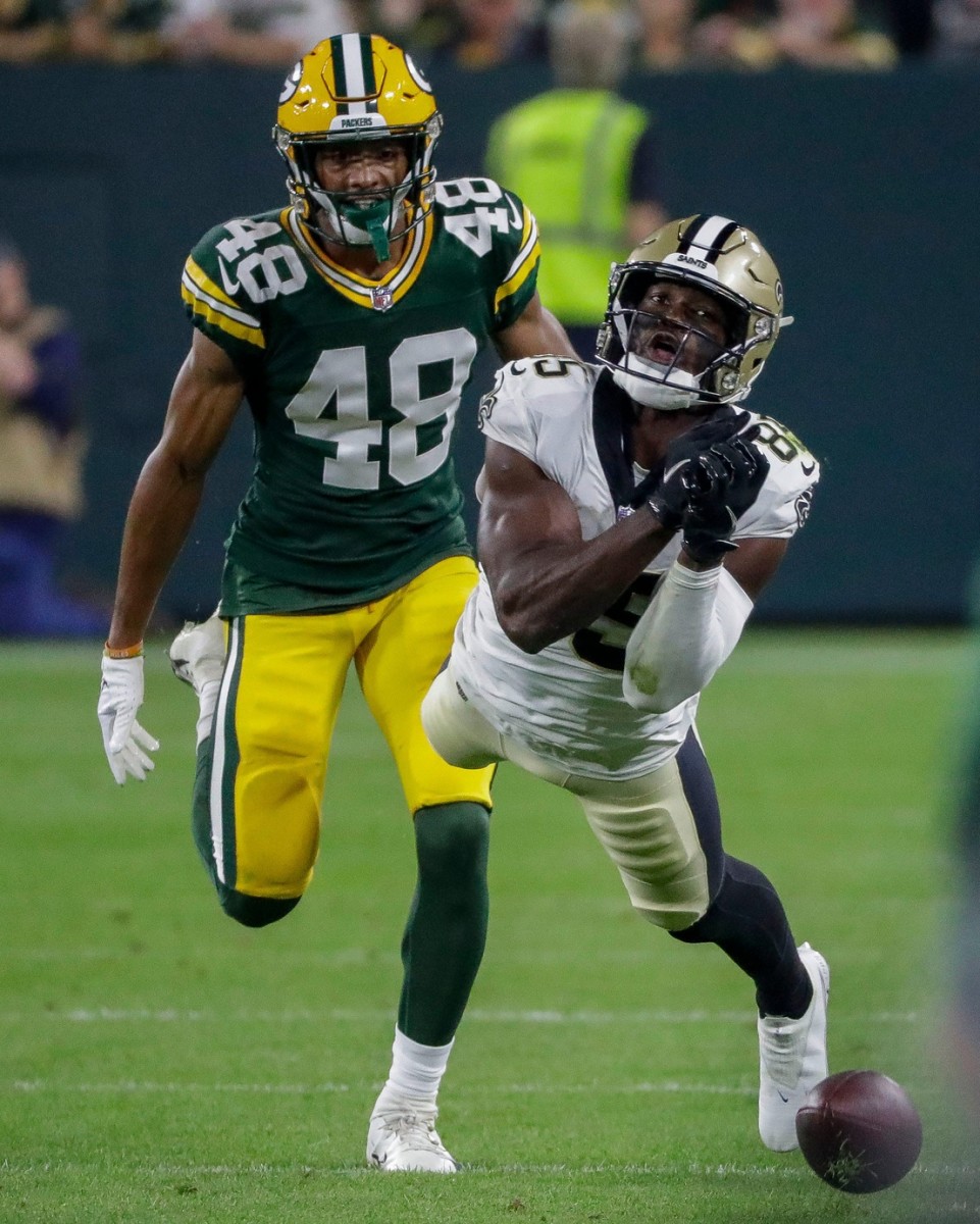 New Orleans Saints receiver Kirk Merritt (85) fails to make a diving catch against the Green Bay Packers. Tork Mason / USA TODAY NETWORK