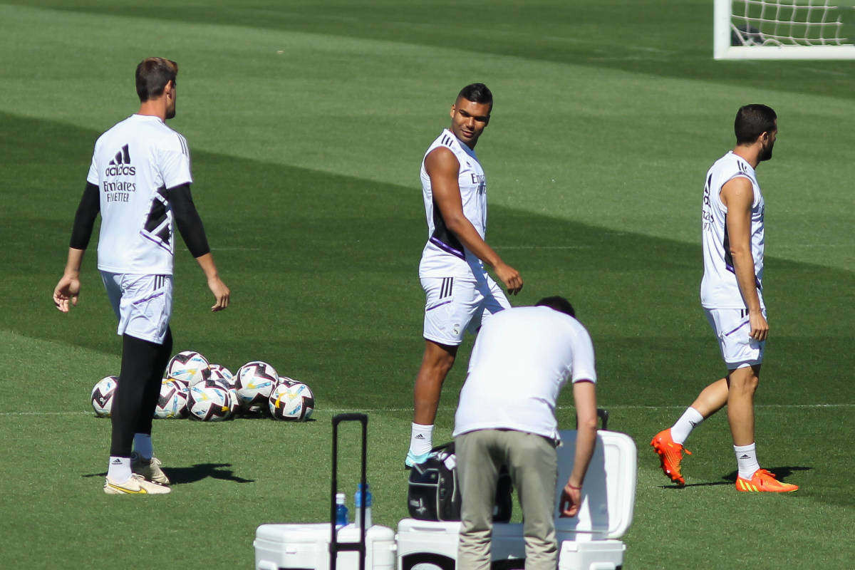 Casemiro (center) pictured training with his Real Madrid teammates for the final time before leaving to join Manchester United in August 2022