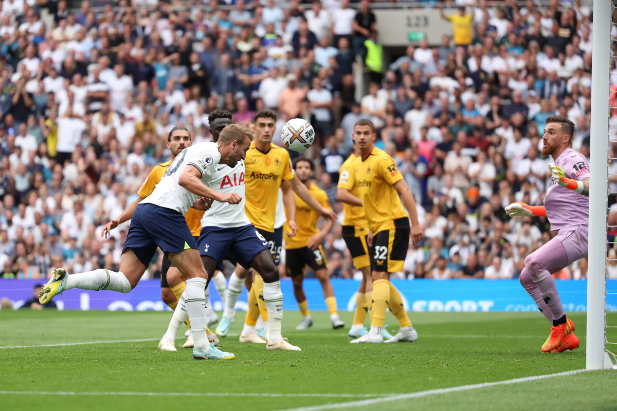 Harry Kane pictured heading the ball to score his 185th Premier League goal in Tottenham's 1-0 win over Wolves in August 2022
