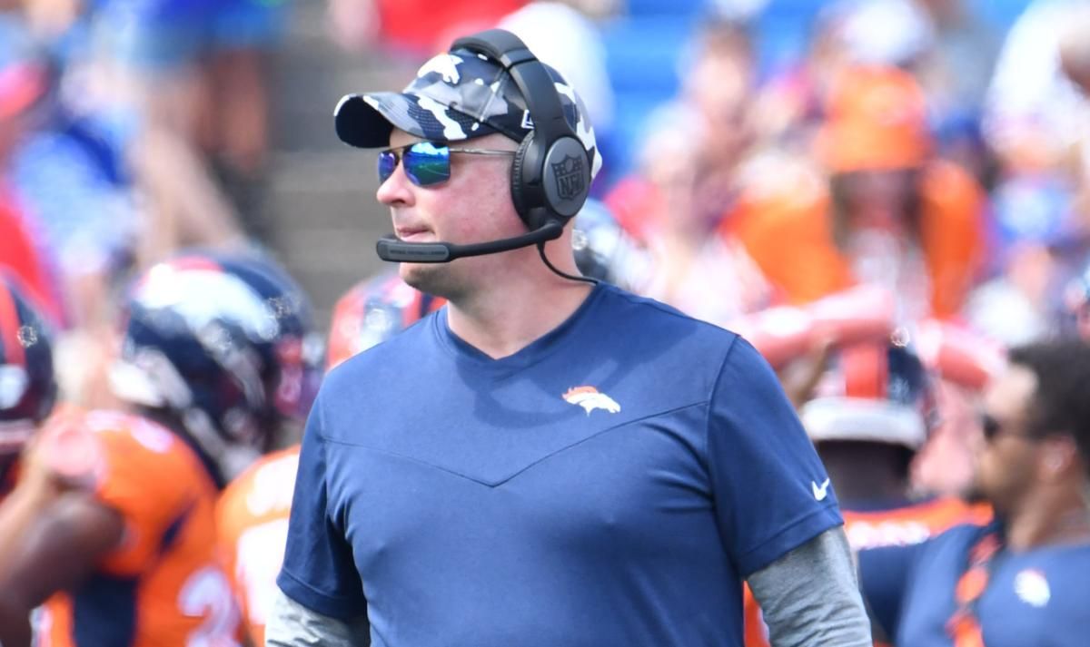Denver Broncos head coach Nathaniel Hackett on the sidelines in the second quarter of a pre-season game against the Buffalo Bills at Highmark Stadium.
