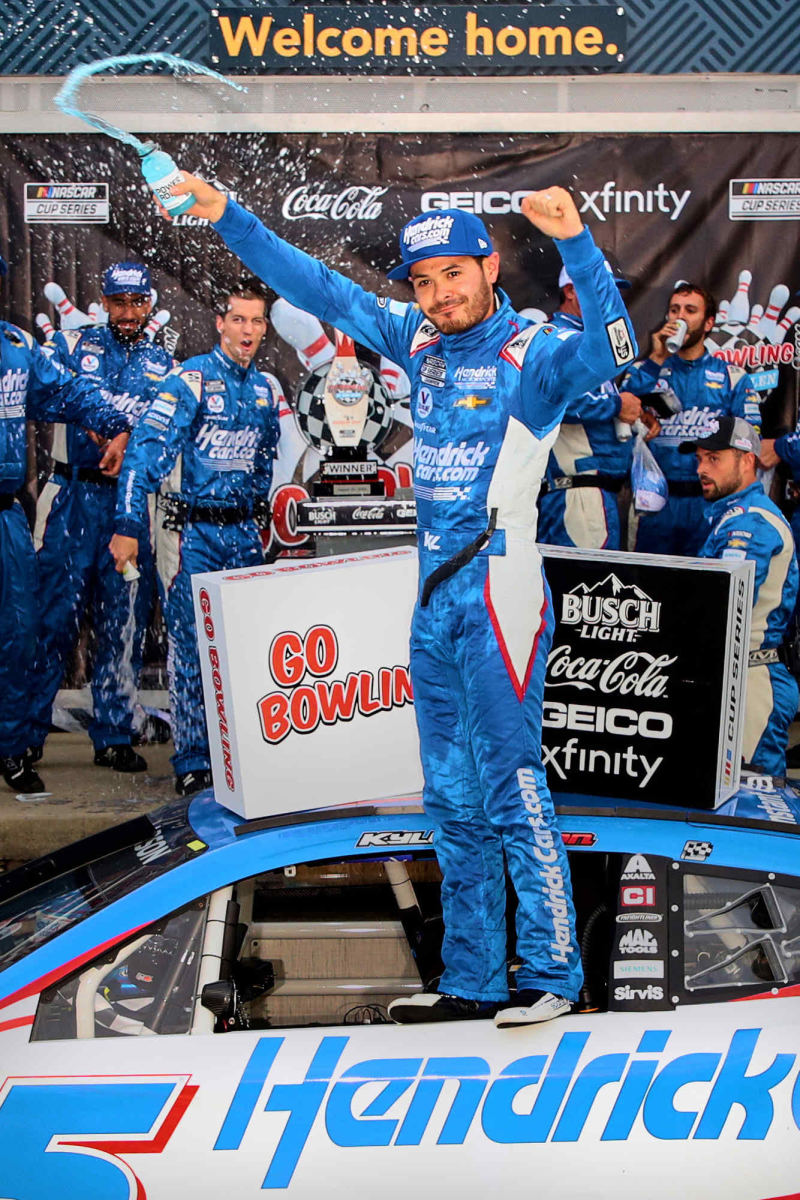 Larson celebrates his second win in just over 24 hours after winning Sunday's Go Bowling at The Glen at Watkins Glen International. (Photo by Chris Owens/HHP for Chevy Racing)