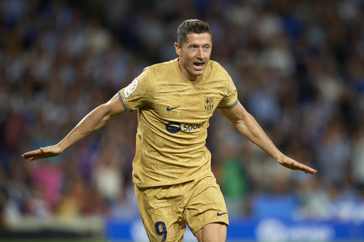 Robert Lewandowski pictured celebrating after scoring his first La Liga goal for Barcelona in a 4-1 win at Real Sociedad in August 2022