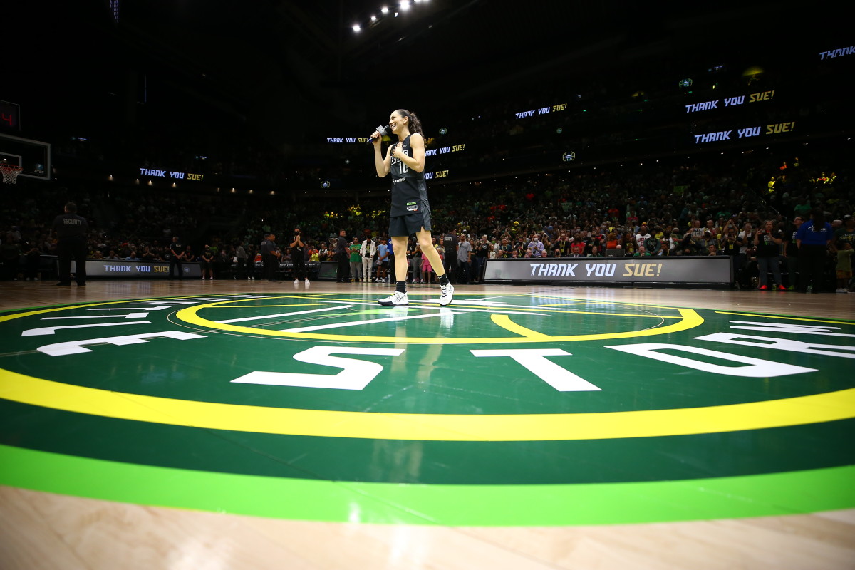 Storm guard Sue Bird speaks to the crowd at her final regular-season game in Seattle.