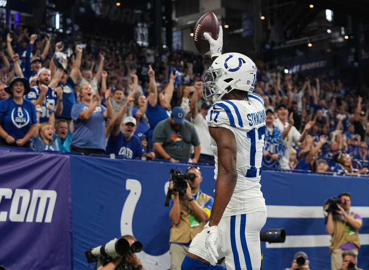 Indianapolis Colts wide receiver Mike Strachan (17) holds up the ball after scoring a touchdown Saturday, August 20, 2022 at Lucas Oil Stadium in Indianapolis. The Indianapolis Colts and Detroit Lions are tied at the half, 13-13. Nfl Detroit Lions At Indianapolis Colts
