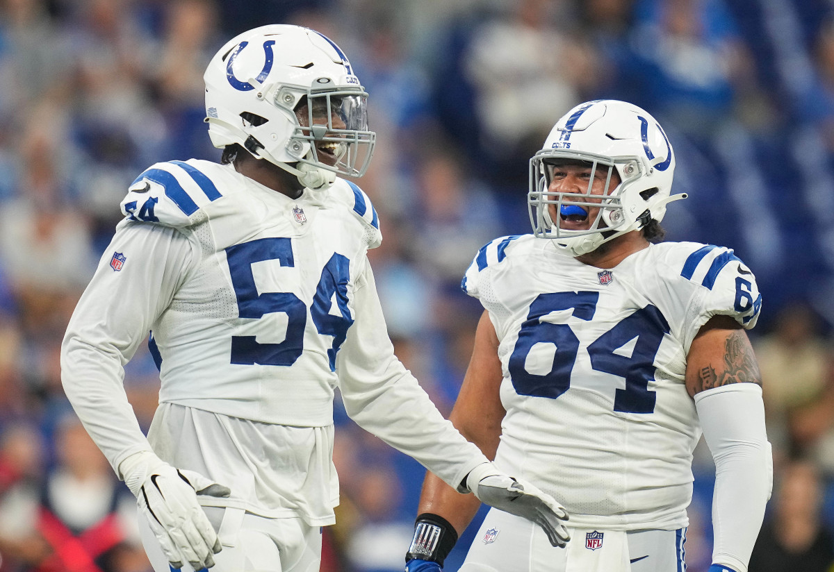 Aug 20, 2022; Indianapolis, Indiana, USA; Indianapolis Colts defensive end Dayo Odeyingbo (54) celebrates with Indianapolis Colts defensive tackle Caeveon Patton (64) on Saturday, August 20, 2022 at Lucas Oil Stadium against the Detroit Lions in Indianapolis.