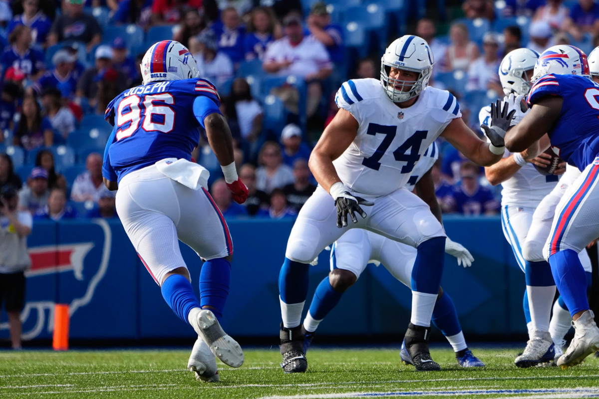 Aug 13, 2022; Orchard Park, New York, USA; Indianapolis Colts offensive tackle Ryan Van Demark (74) looks to block Buffalo Bills defensive end Daniel Joseph (96) during the second half at Highmark Stadium.