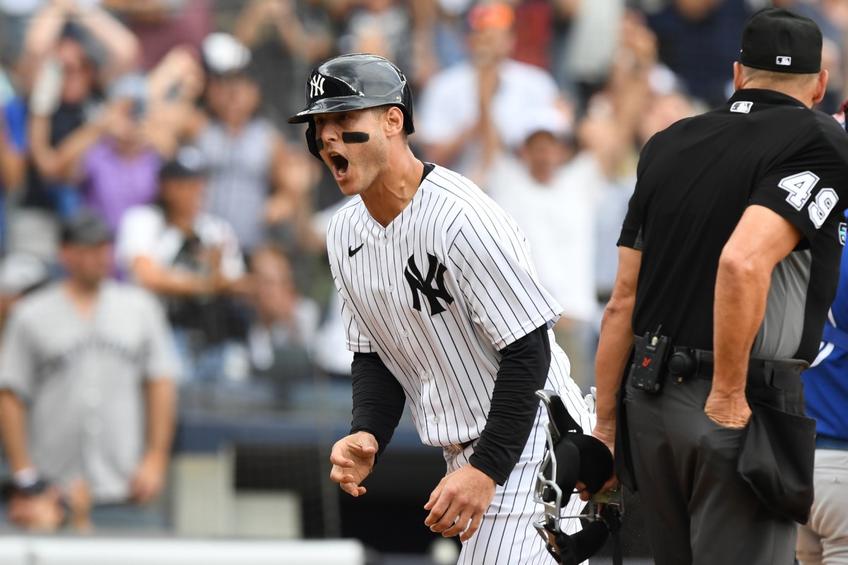 New York Yankees first baseman Anthony Rizzo (48) reacts after scoring against the Toronto Blue Jays during the first inning in the game at Yankee Stadium. (Dennis Schneidler-USA TODAY Sports)