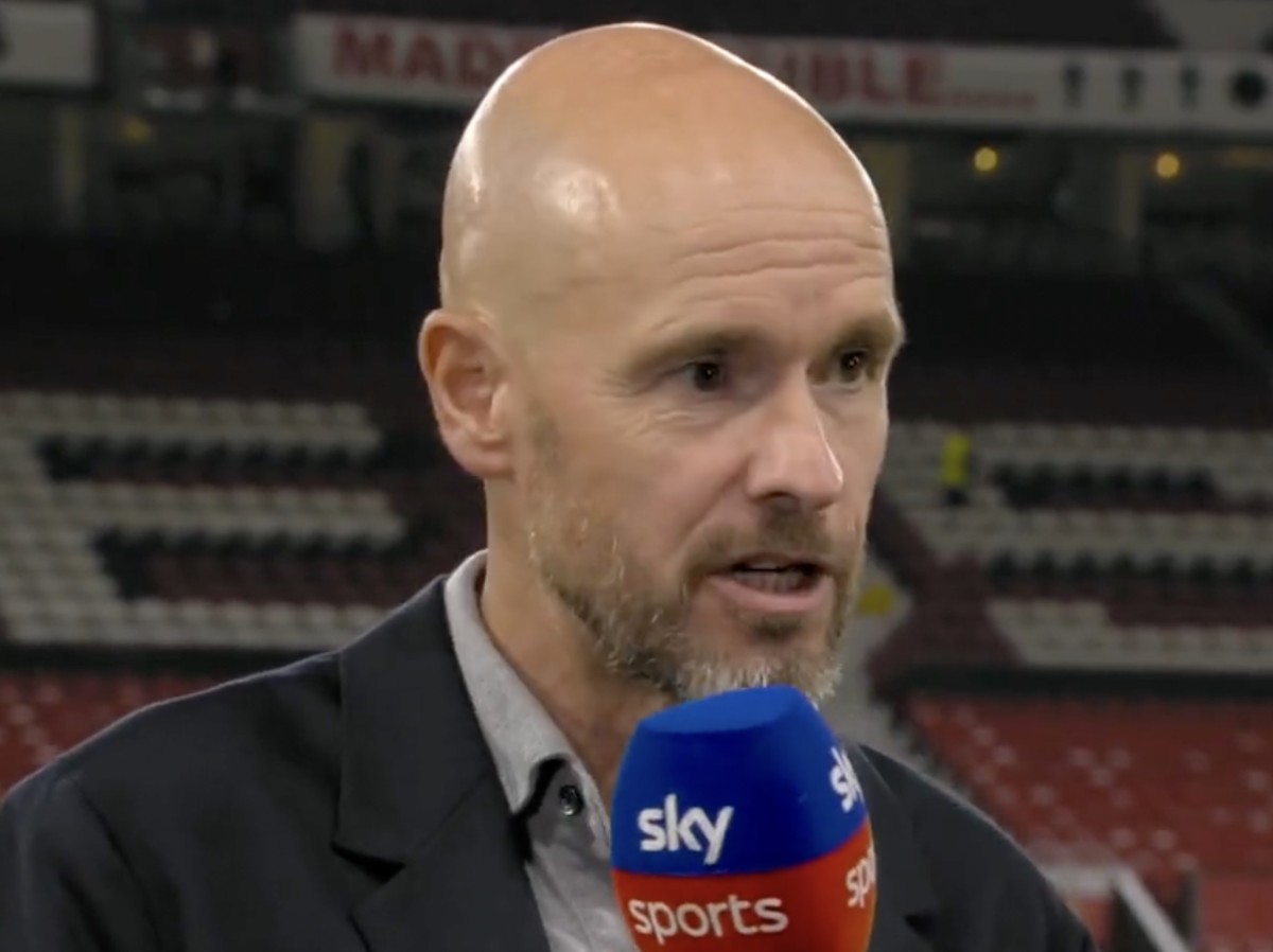 Erik ten Hag pictured speaking to Sky Sports after Manchester United's 2-1 win over Liverpool in August 2022