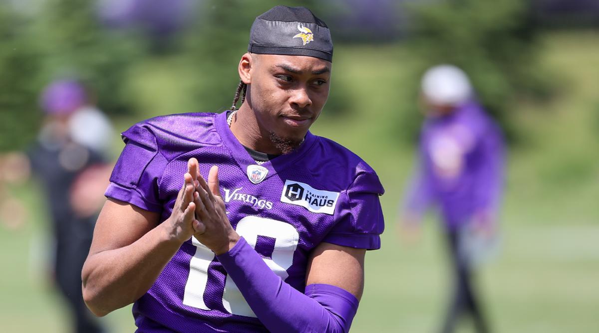 Jun 8, 2022; Minneapolis, Minnesota, USA; Minnesota Vikings wide receiver Justin Jefferson (18) looks on during mandatory mini camp at TCO Performance Center.