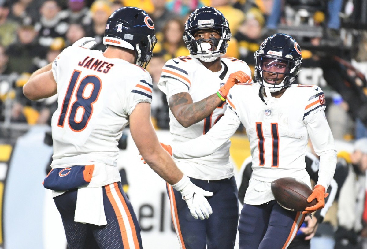 Nov 8, 2021; Pittsburgh, Pennsylvania, USA; Chicago Bears wide receiver Darnell Mooney (11) celebrates a touchdown in the fourth quarter with tight end Jesse James (18) and wide receiver Allen Robinson II during the fourth quarter against the Pittsburgh Steelers at Heinz Field. The Steelers won 29-27. Mandatory Credit: Philip G. Pavely-USA TODAY Sports