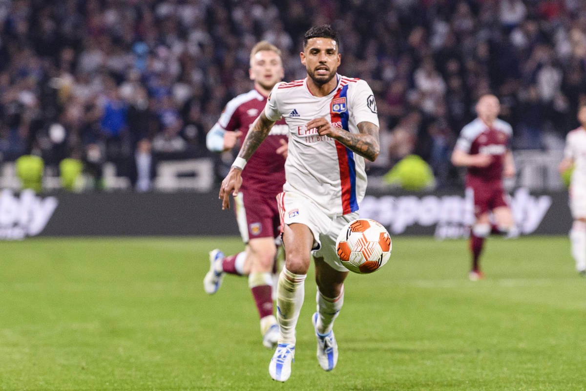 Emerson Palmieri pictured playing for Lyon against West Ham in their UEFA Europa League quarter-final in April 2022