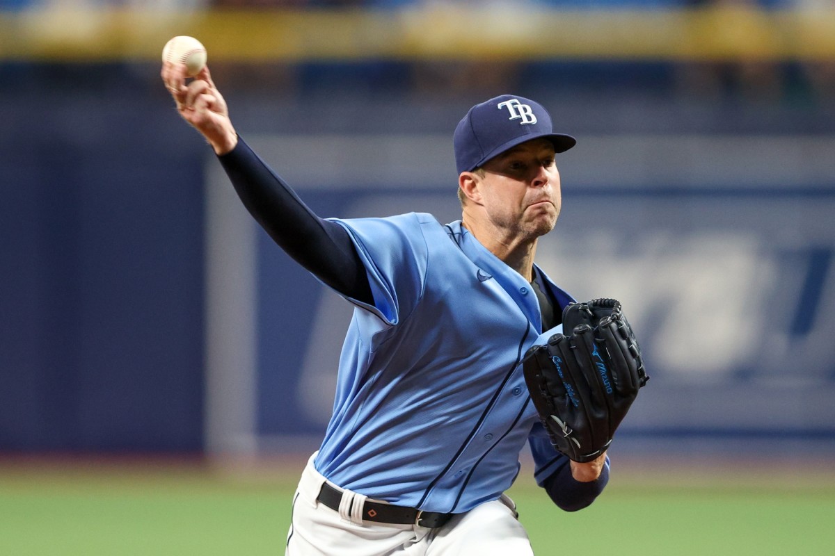 Tampa Bay Rays starting pitcher Corey Kluber (28) throws a pitch against the Los Angeles Angels in the third inning at Tropicana Field. (Nathan Ray Seebeck-USA TODAY Sports)