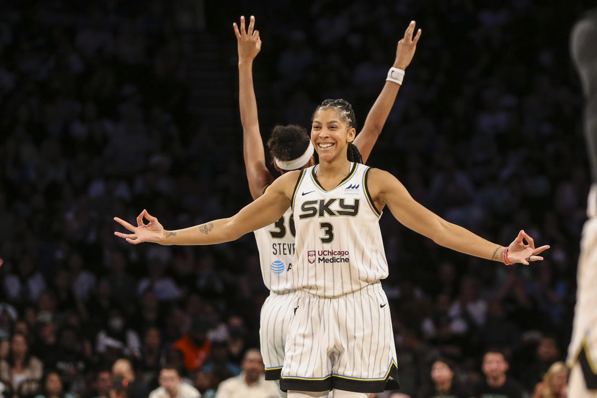Chicago Sky forward Candace Parker (3) celebrates in the fourth quarter against the New York Liberty at Barclays Center.