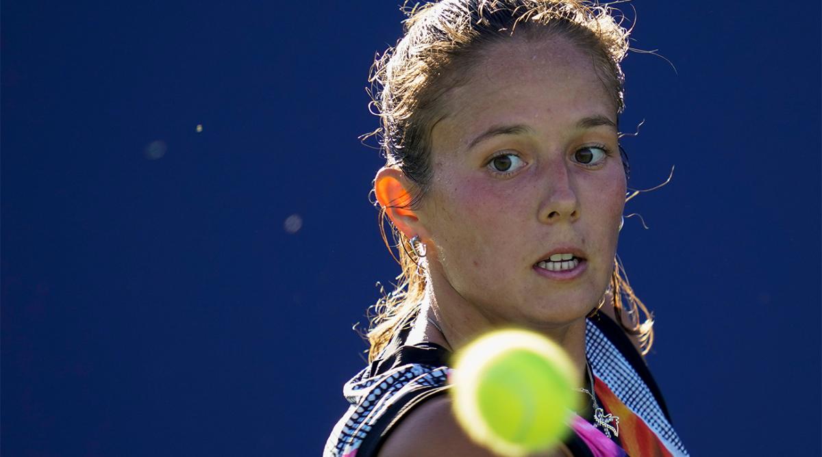 Daria Kasatkina, of Russia, prepares to hit a backhand to Shelby Rogers, of the United States, at the Mubadala Silicon Valley Classic tennis tournament in San Jose, Calif., Sunday, Aug. 7, 2022.