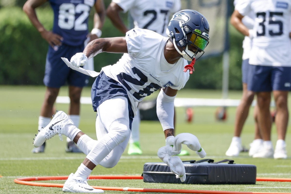 Seattle Seahawks safety Ugo Amadi (28) participates in a drill during training camp practice at Virginia Mason Athletic Center.