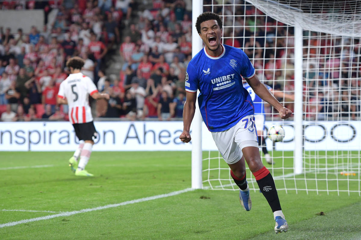 Rangers player Malik Tillman pictured celebrating after assisting Antonio Colak for a goal in a 1-0 win over PSV Eindhoven in August 2022