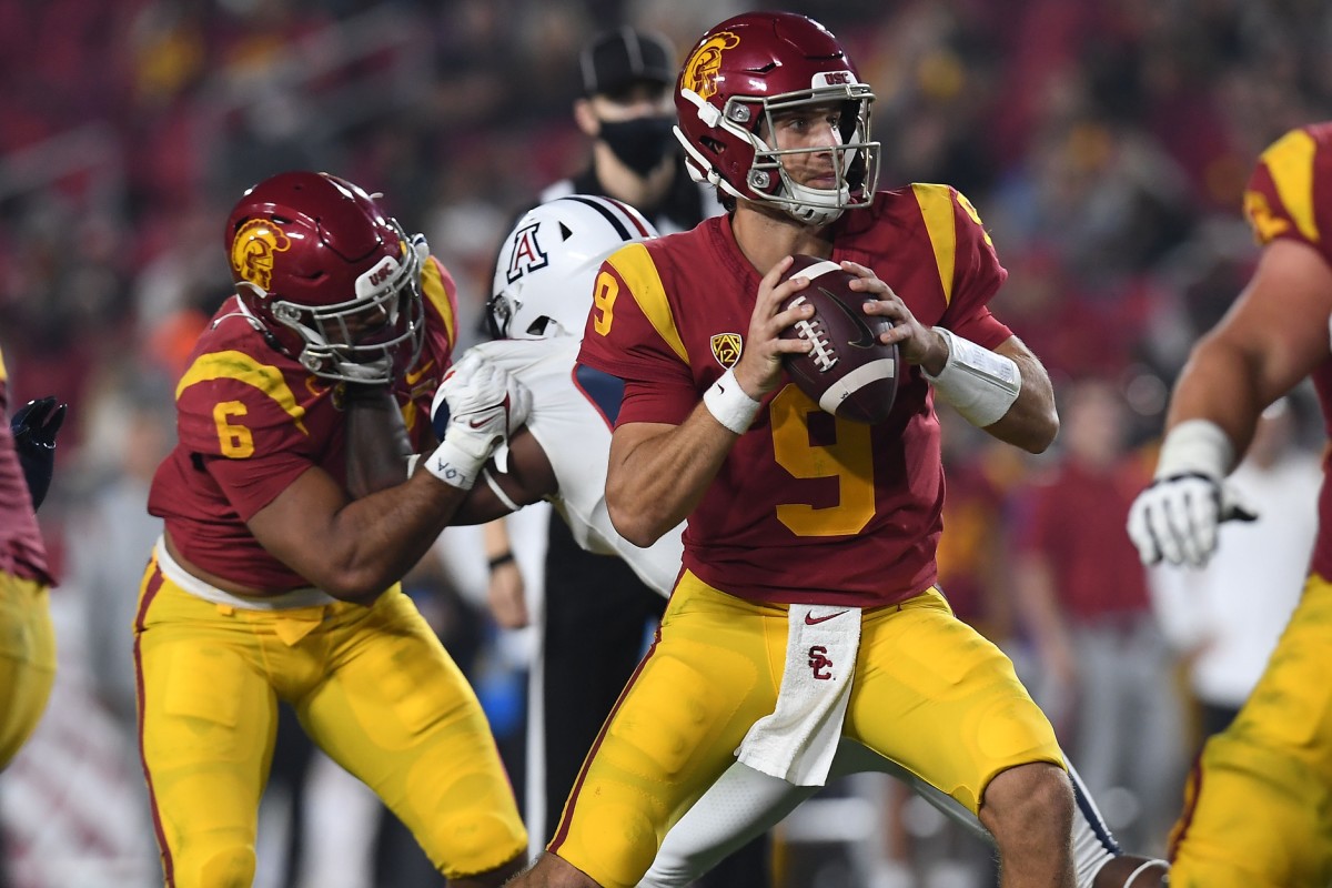 Oct 30, 2021; Los Angeles, California, USA; Southern California Trojans quarterback Kedon Slovis (9) drops back to pass against the Arizona Wildcats during the second half at United Airlines Field at Los Angeles Memorial Coliseum.