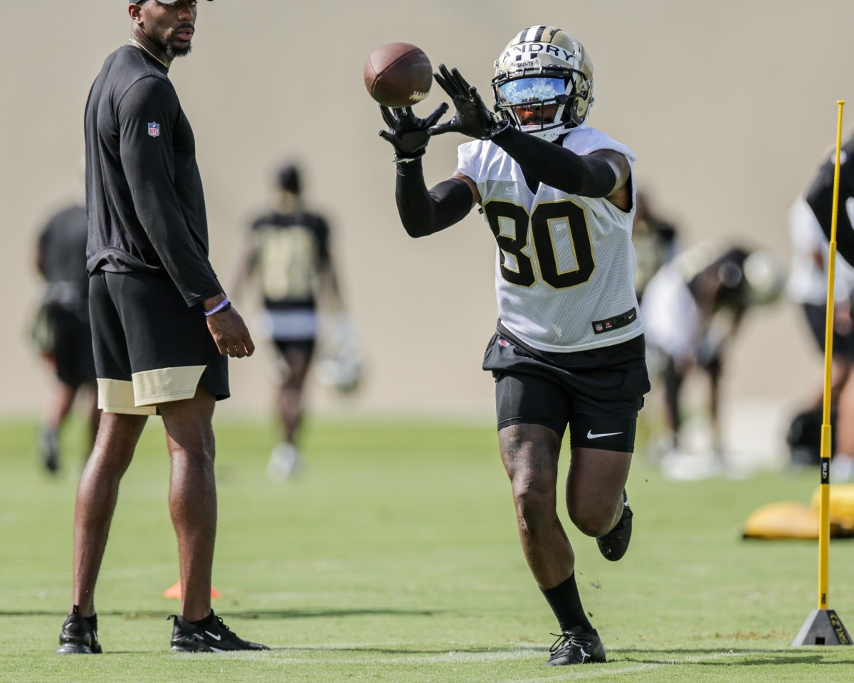 New Orleans Saints wide receiver Jarvis Landry (80) works on receiver drills during training camp at Ochsner Sports Performance Center. Mandatory Credit: Stephen Lew-USA TODAY Sports