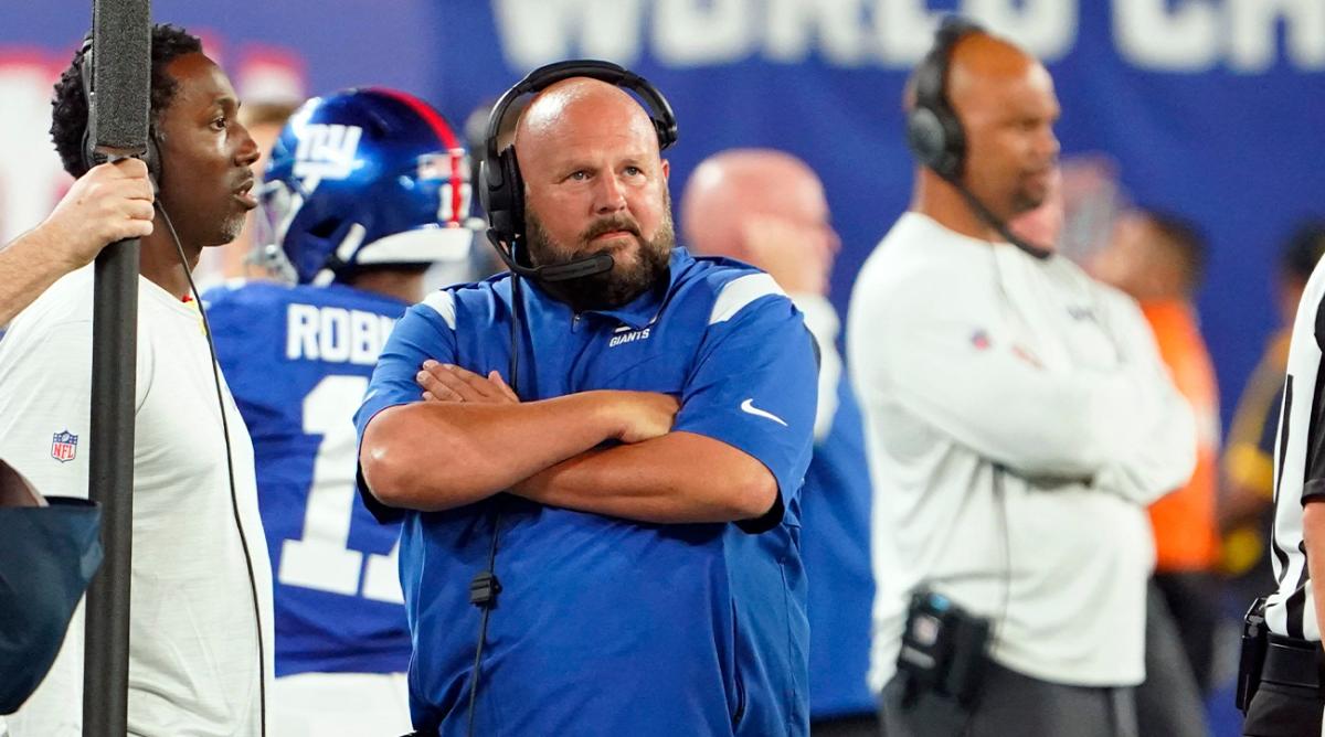 New York Giants head coach Brian Daboll on the sideline during a preseason game at MetLife Stadium on August 21, 2022, in East Rutherford.