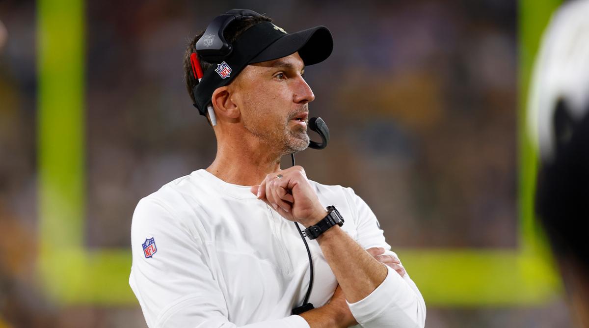 Aug 19, 2022; Green Bay, Wisconsin, USA; New Orleans Saints head coach Dennis Allen during the game against the Green Bay Packers at Lambeau Field.