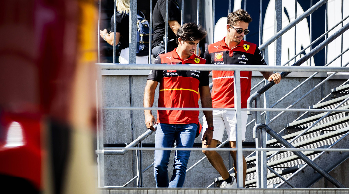 Carlos Sainz Ferrari and Charles Leclerc Ferrari on the Spa Francorchamps race track in the run up to the Belgian Grand Prix