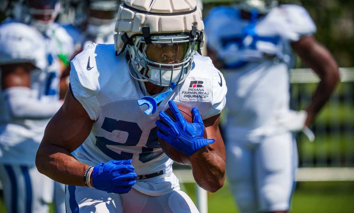 Indianapolis Colts running back Jonathan Taylor (28) works through drills Thursday, Aug. 18, 2022, during a joint training camp with the Detroit Lions at the Grand Park Sports Campus in Westfield, Indiana. Colts Lions Training Camp Photos 2022
