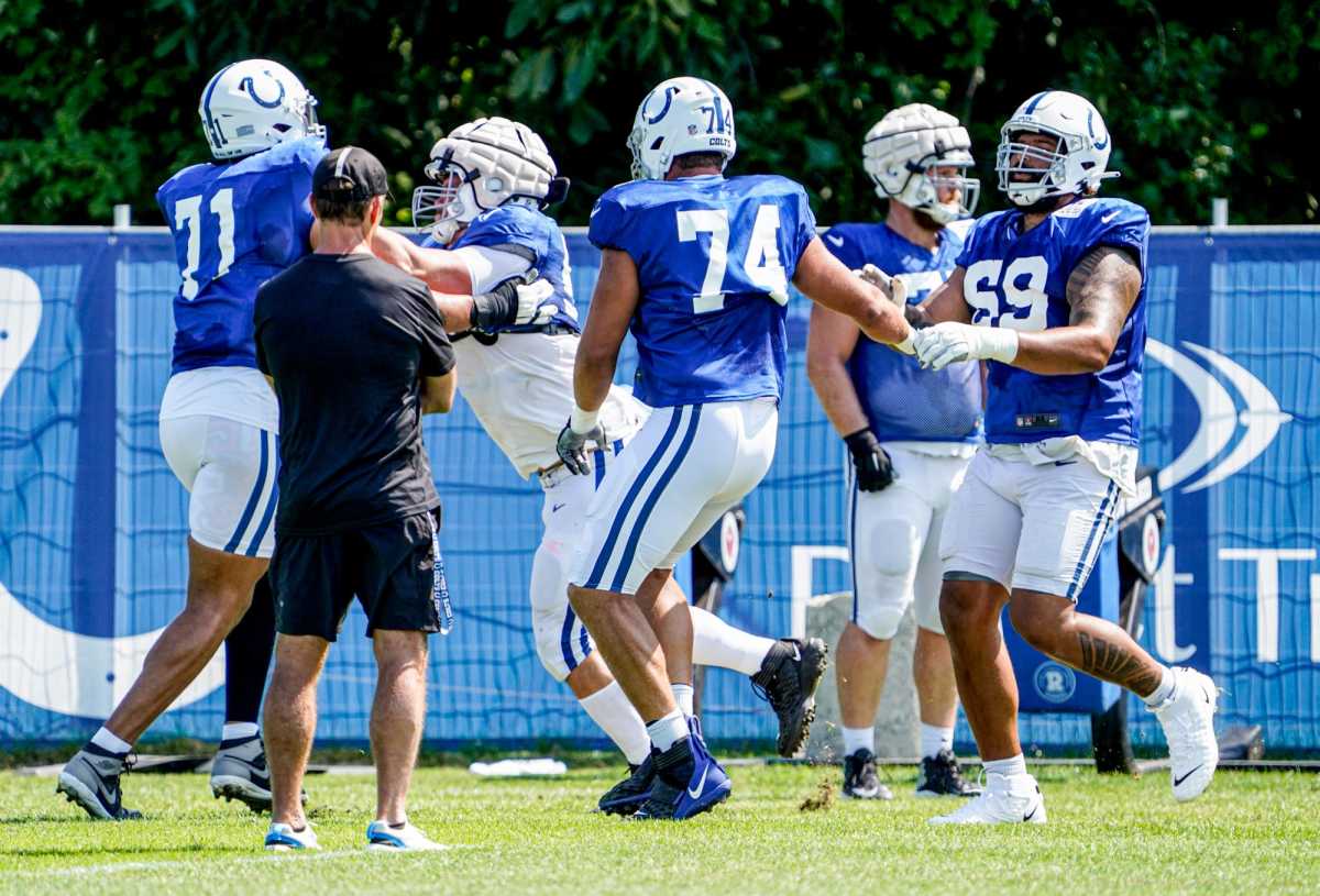 The Indianapolis Colts run drills during Colts Training Camp on Tuesday, Aug. 23, 2022, at Grand Park in Westfield Ind. Players photographed include, Ryan Van Demark (74), Matt Pryor (69). Finals2 20