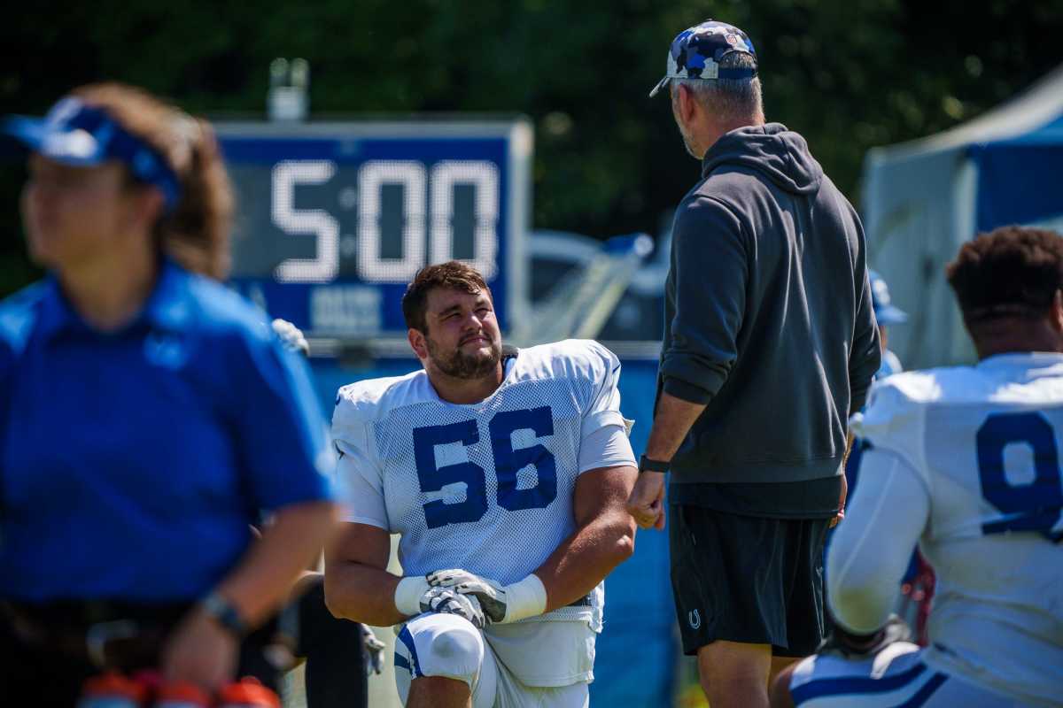 Indianapolis Colts head coach Frank Reich and guard Quenton Nelson (56) speak Thursday, Aug. 18, 2022, before a joint training camp with the Detroit Lions at the Grand Park Sports Campus in Westfield, Indiana. Colts Lions Training Camp Photos 2022