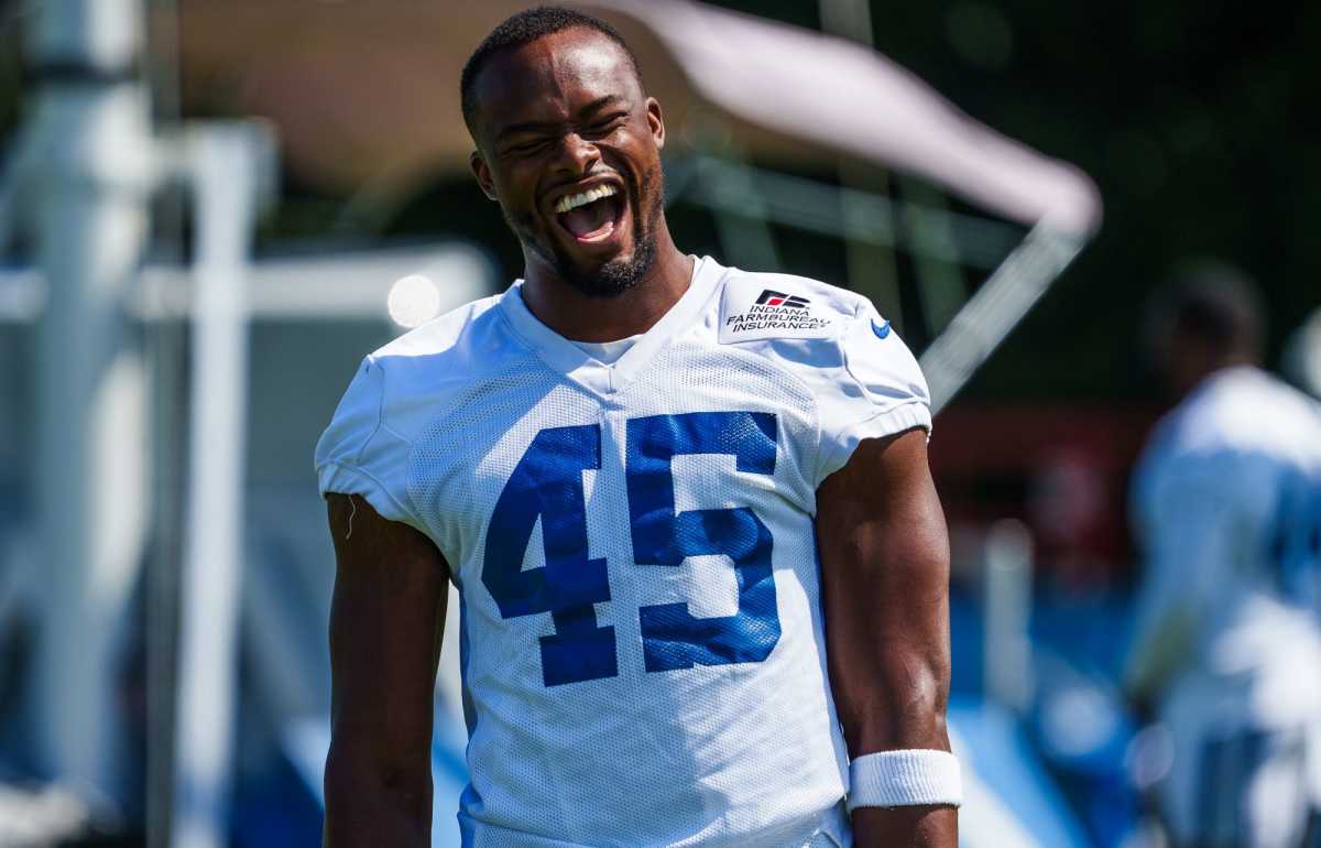 Indianapolis Colts linebacker E.J. Speed (45) laughs with teammates Wednesday, Aug. 24, 2022, before training camp at Grand Park Sports Campus in Westfield, Indiana. Indianapolis Colts Training Camp Wednesday