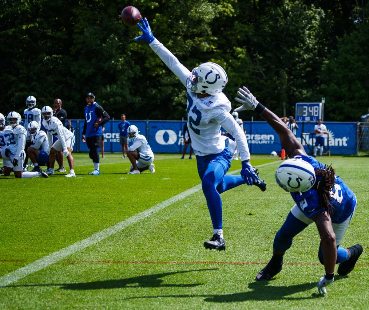 Indianapolis Colts safety Julian Blackmon (32) steps in front of and intercepts a pass Wednesday, Aug. 24, 2022, intended for tight end Mo Alie-Cox (81) during training camp at Grand Park Sports Campus in Westfield, Indiana. Indianapolis Colts Training Camp Wednesday