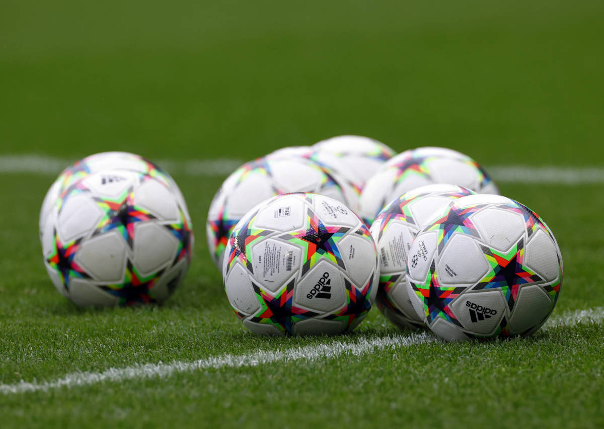 A close-up view of the Adidas match balls that will be used in the 2022/23 UEFA Champions League