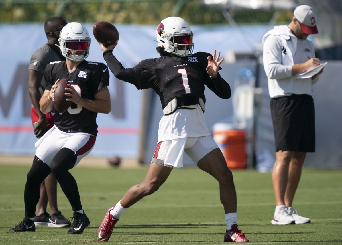 Arizona Cardinals quarterback Kyler Murray (1) throws a pass during a joint training camp practice against the Tennessee Titans at Ascension Saint Thomas Sports Park. Mandatory Credit: George Walker IV-USA TODAY Sports